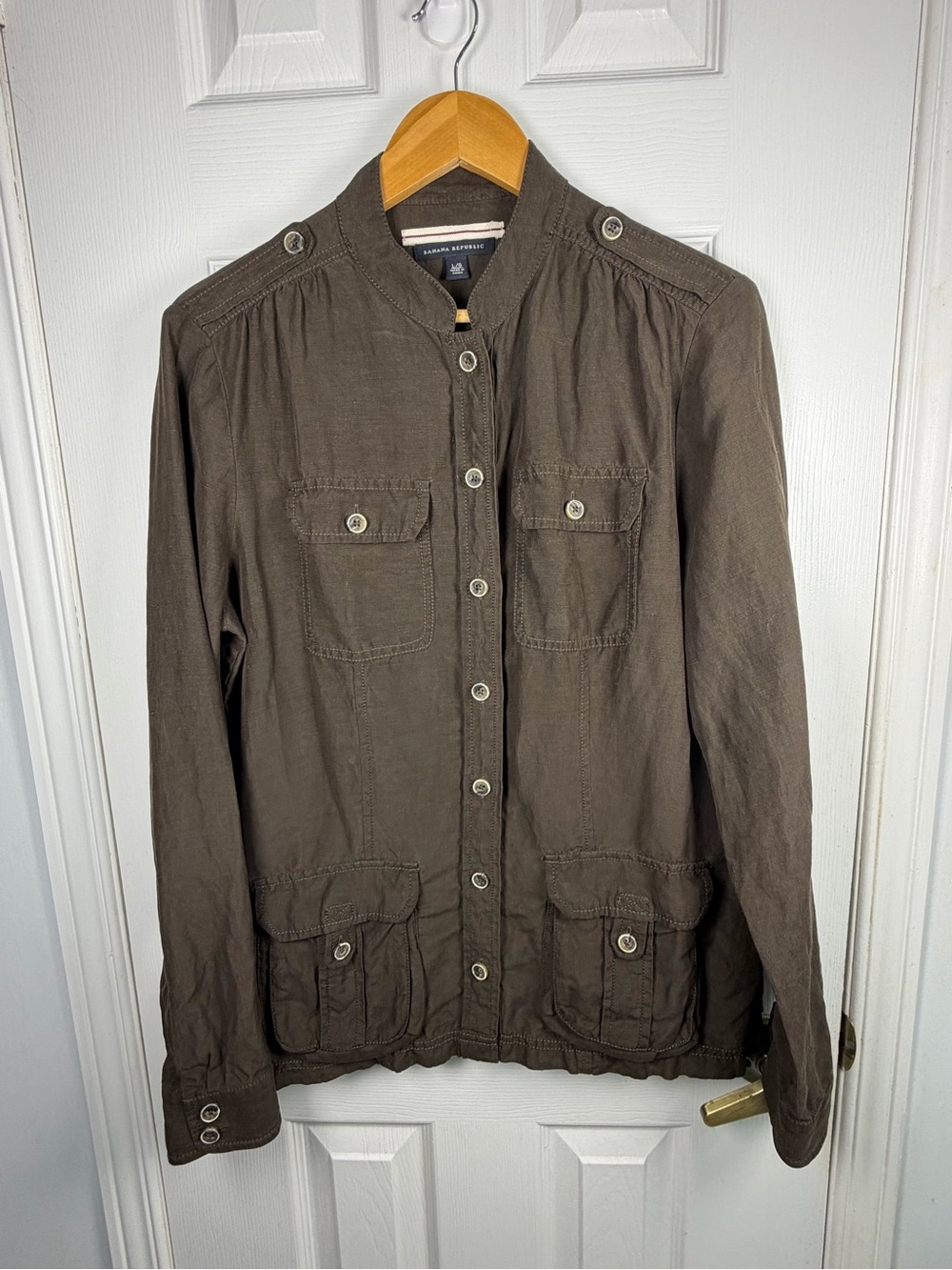 Banana Republic Brown Utility Jacket L Silk Linen Safari Shacket Y2K Lightweight